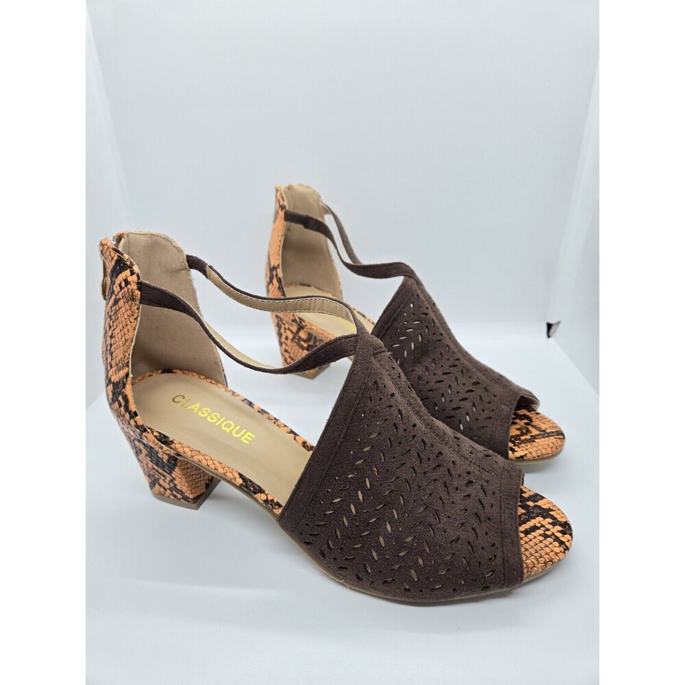 Classique Womens Lenita Sandals Block Heels Shoes Brown Snake Print Zipper 8.5 M